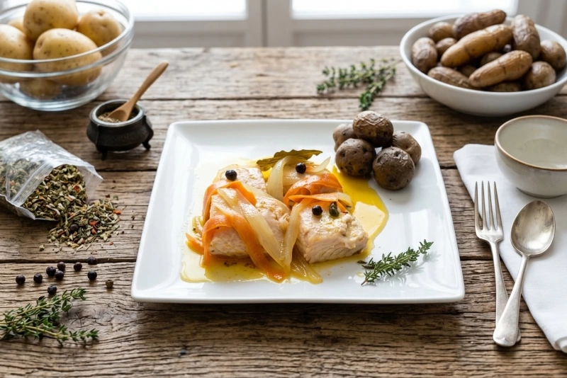 Salmón en escabeche servido en plato blanco con hierbas
