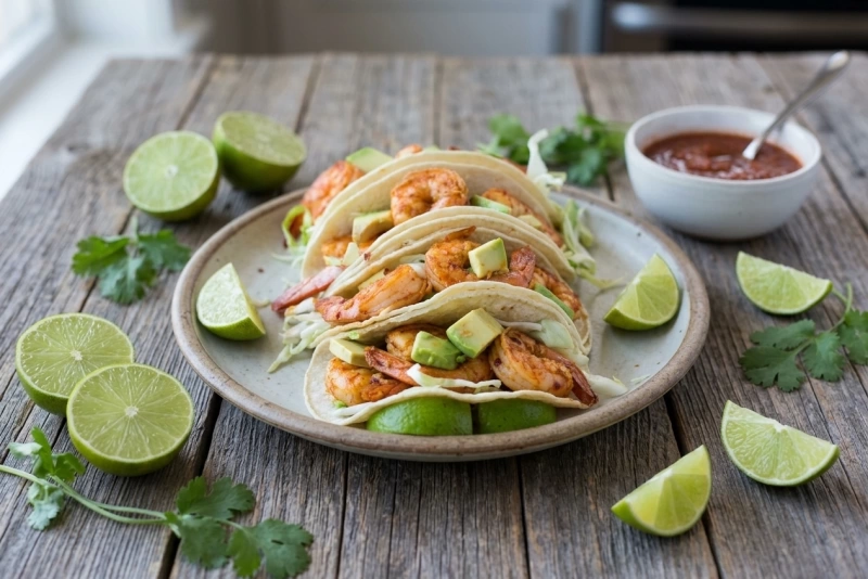 Tacos de camarón con salsa y vegetales frescos