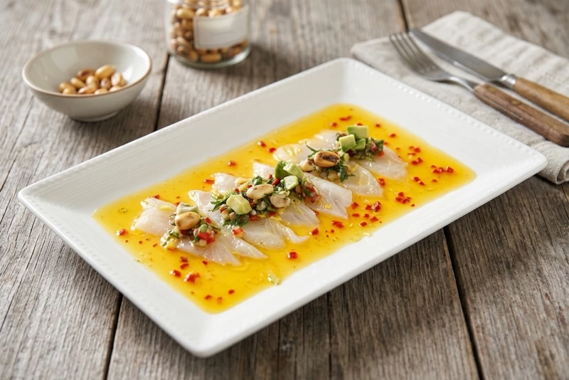 Tiradito de corvina fresco con ají y cilantro