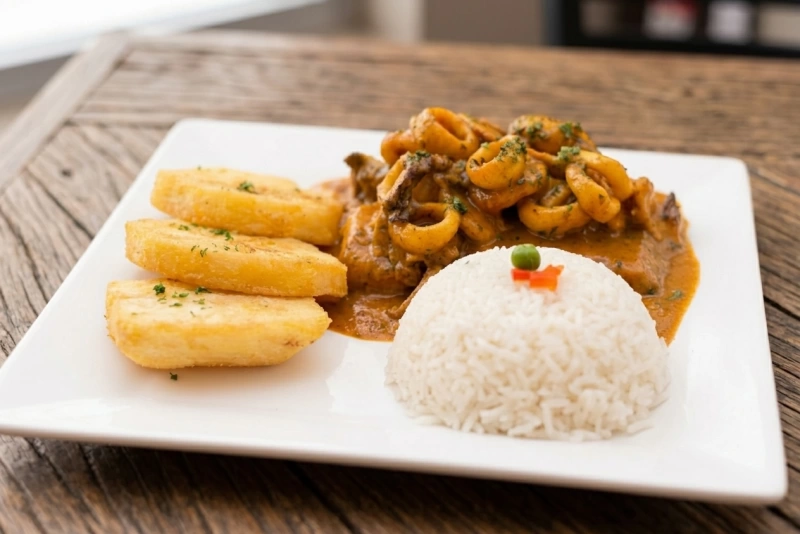 Delicioso pescado a lo macho con mariscos y salsa picante