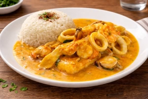 Delicioso picante de mariscos servido en un plato hondo
