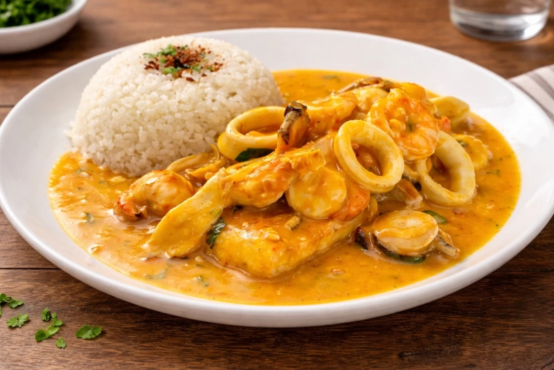 Delicioso picante de mariscos servido en un plato hondo
