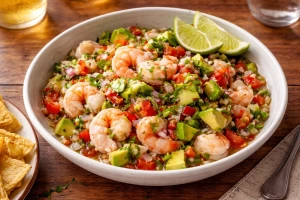 Ceviche de camarón mexicano fresco y colorido en plato blanco