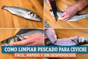 Manos limpiando pescado fresco para ceviche paso a paso
