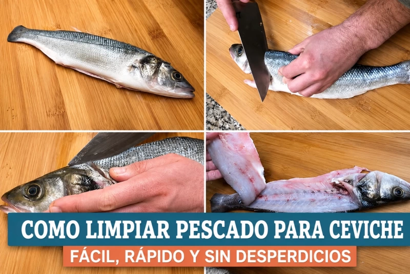 Manos limpiando pescado fresco para ceviche paso a paso